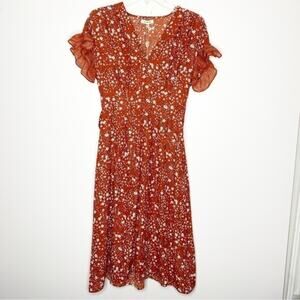 NWT Max Studio Burnt Orange Belted Floral Midi‎ Dress Milk Maid Size XS